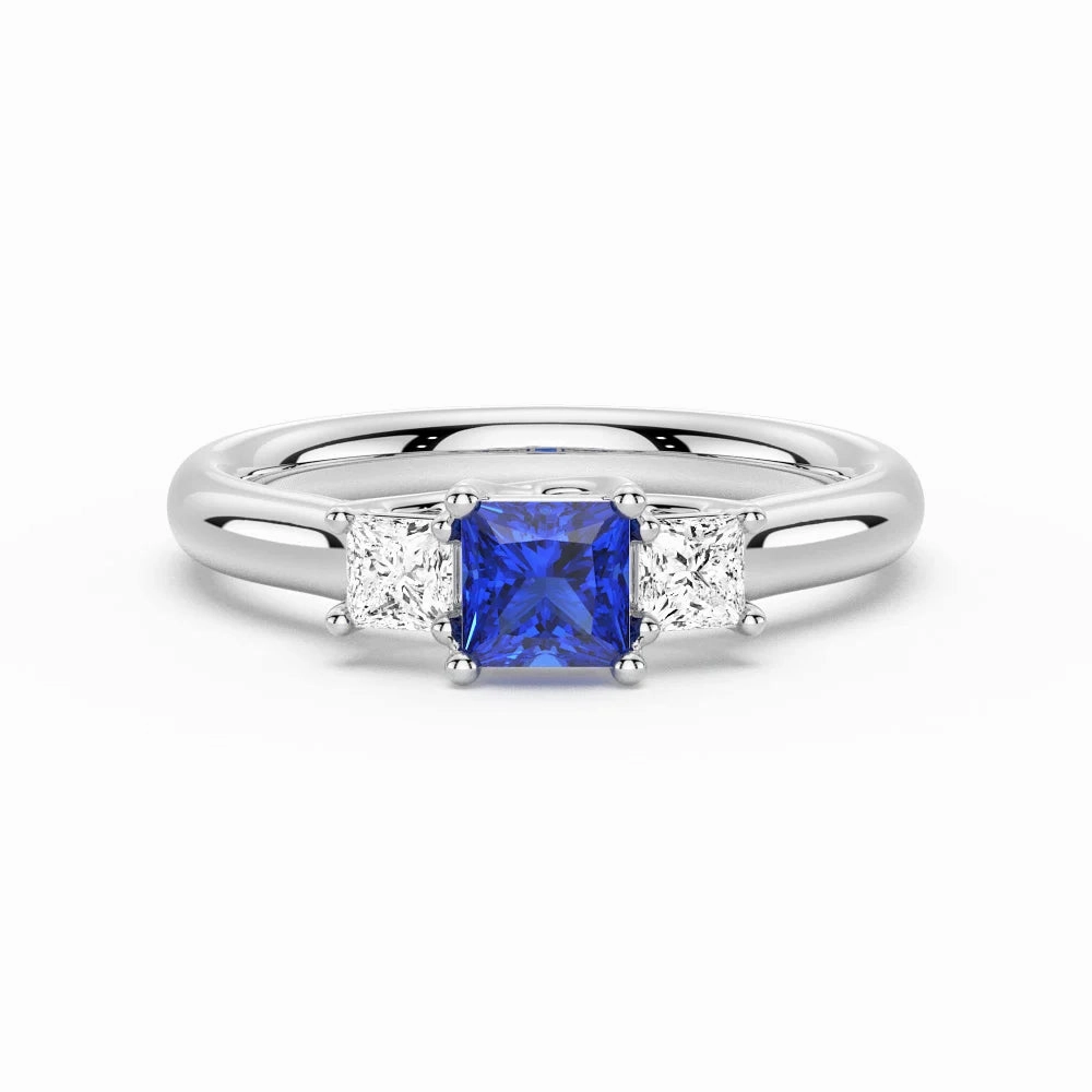 Classic Style Lab Grown Sapphire and Princess Cut Diamond Three Stone Ring