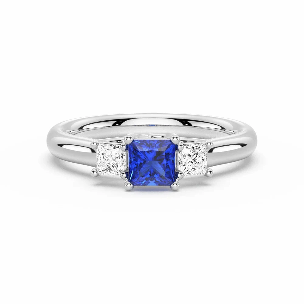 Lab Grown Sapphire and Princess Cut Diamond Three Stone Ring Weekend Glow Signature Highlight