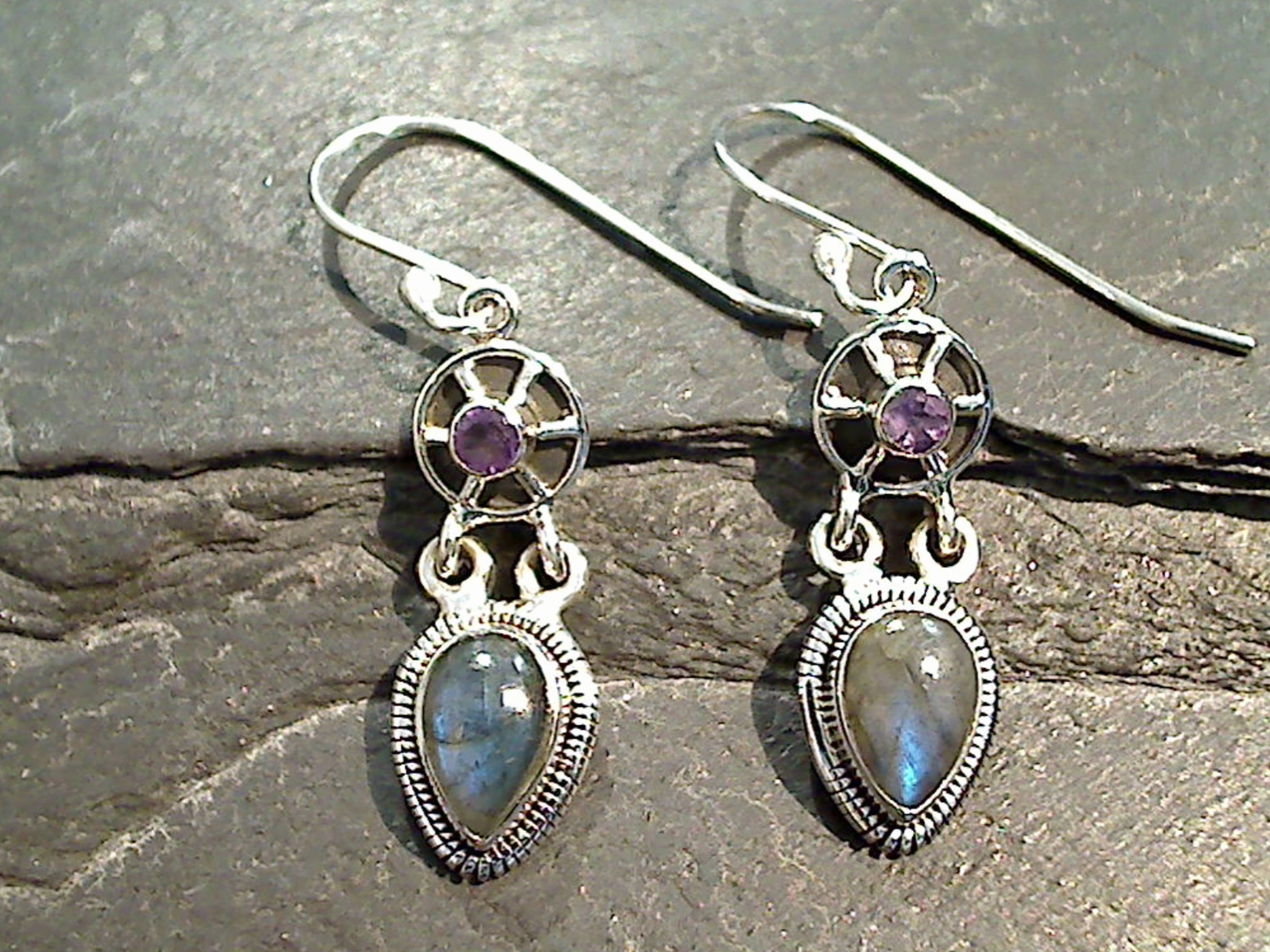 Labradorite, Amethyst, Sterling Silver Earrings Vacation Trinket Polished Ornament