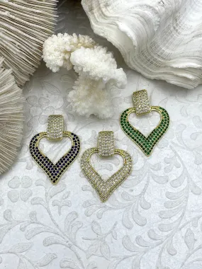 Large Heart Shaped Pendants With Cubic Zirconia. 3 Styles, Dark Blue, Green, Or Clear CZ. 40mm, Gold Plated Brass. Fast Ship Handmade Design