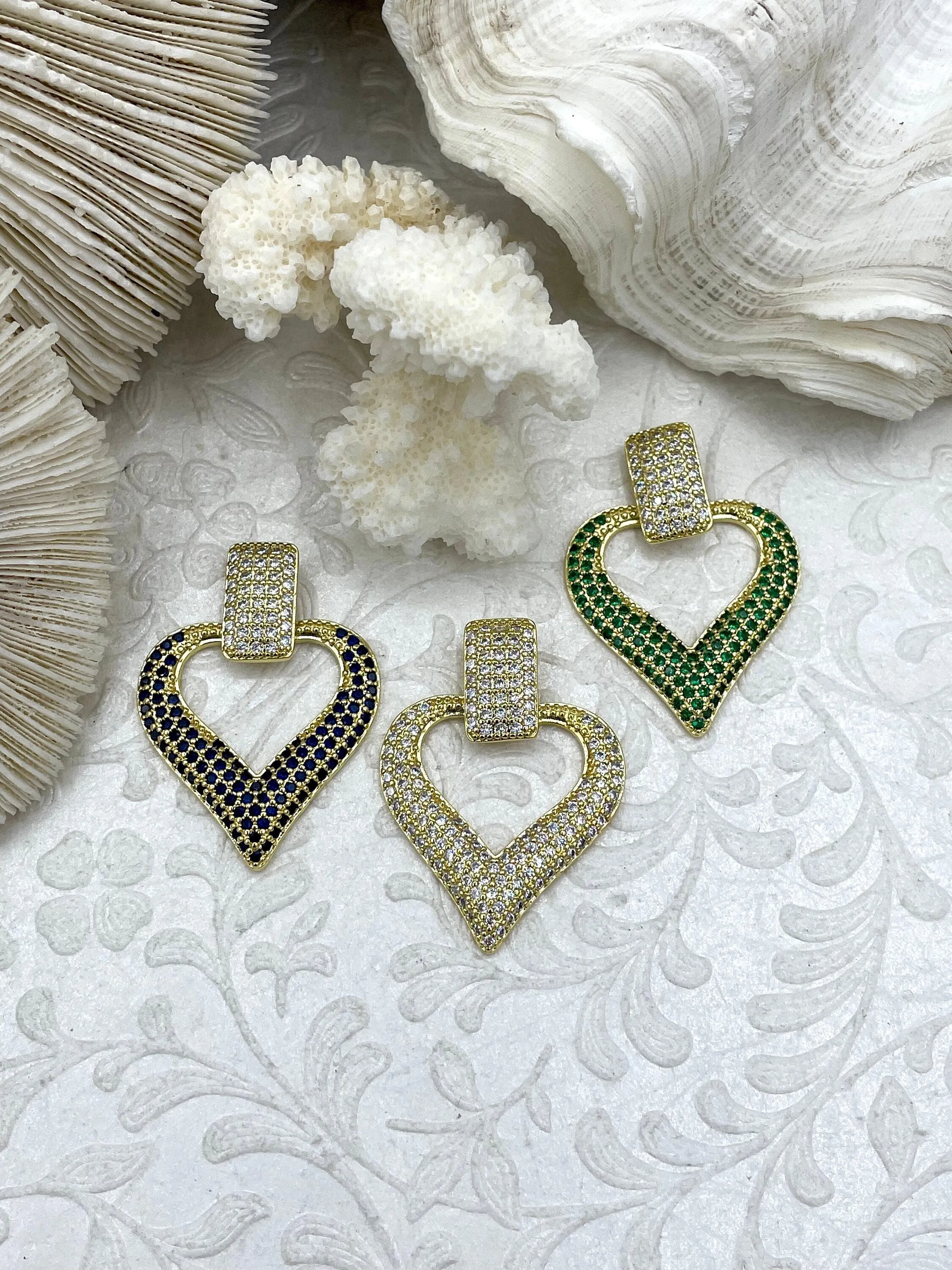 Large Heart Shaped Pendants With Cubic Zirconia. 3 Styles, Dark Blue, Green, Or Clear CZ. 40mm, Gold Plated Brass. Fast Ship Handmade Design