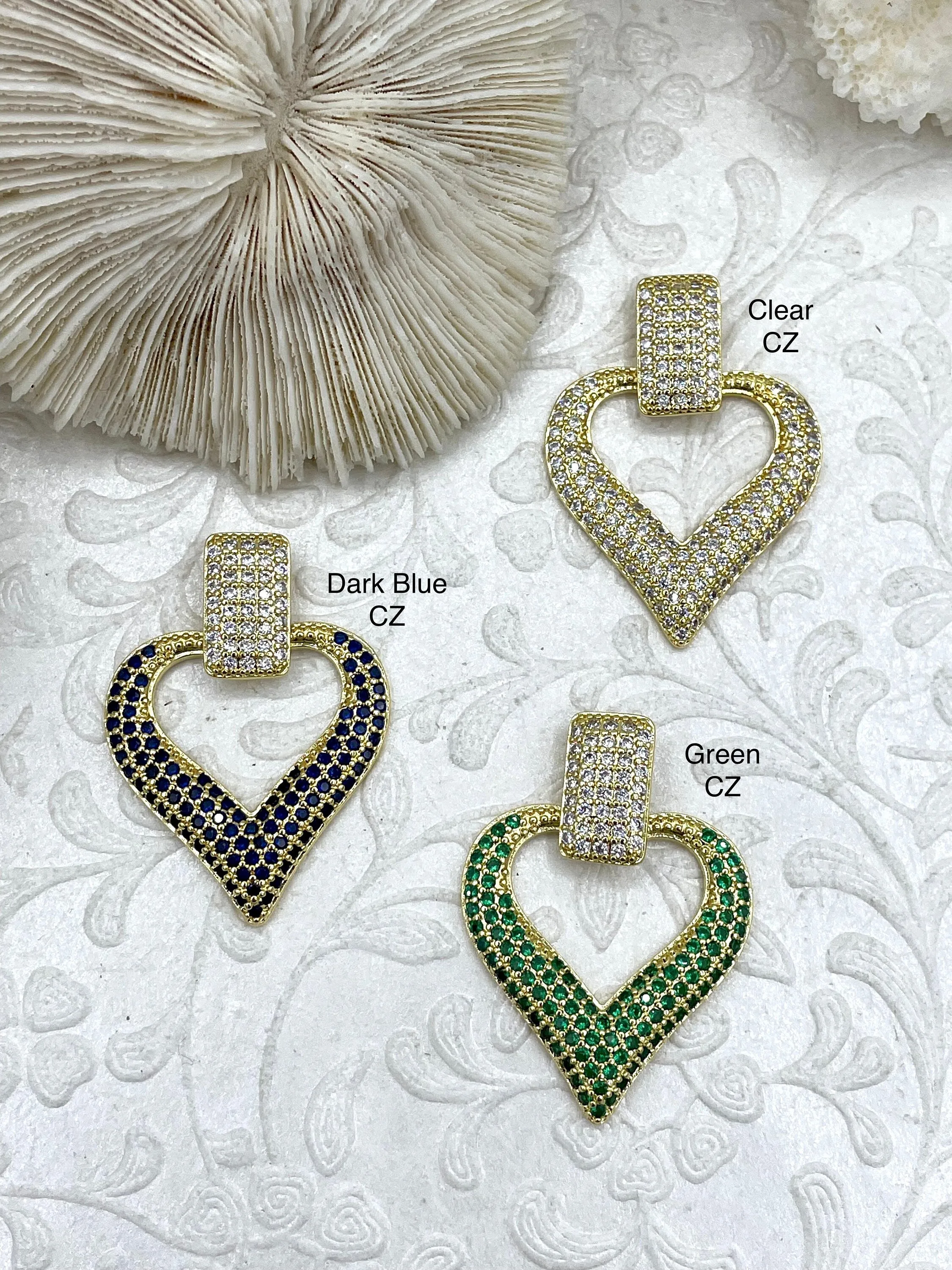 For Husband Effortless Cool Large Heart Shaped Pendants With Cubic Zirconia. 3 Styles, Dark Blue, Green, Or Clear CZ. 40mm, Gold Plated Brass. Fast Ship