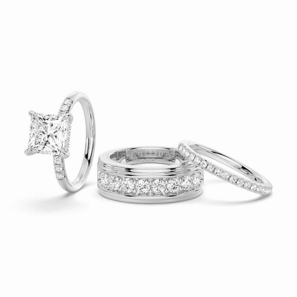 Luxury Accent Pure Form Princess Cut Hidden Halo Moissanite Couple's Ring Set with Men's Wedding Band