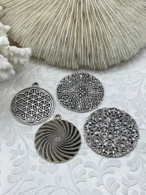 Flat Round Filigree Stamped Metal Pendant Medallion Pendant,  4 styles, 42mm, 39mm, 34mm, 21mm Antique Silver . Fast Ship Distinctive Gift Attractive Adornment