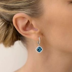 London Blue Topaz and Diamond Halo Drop Earrings White Gold - Elvira Gentle Radiance