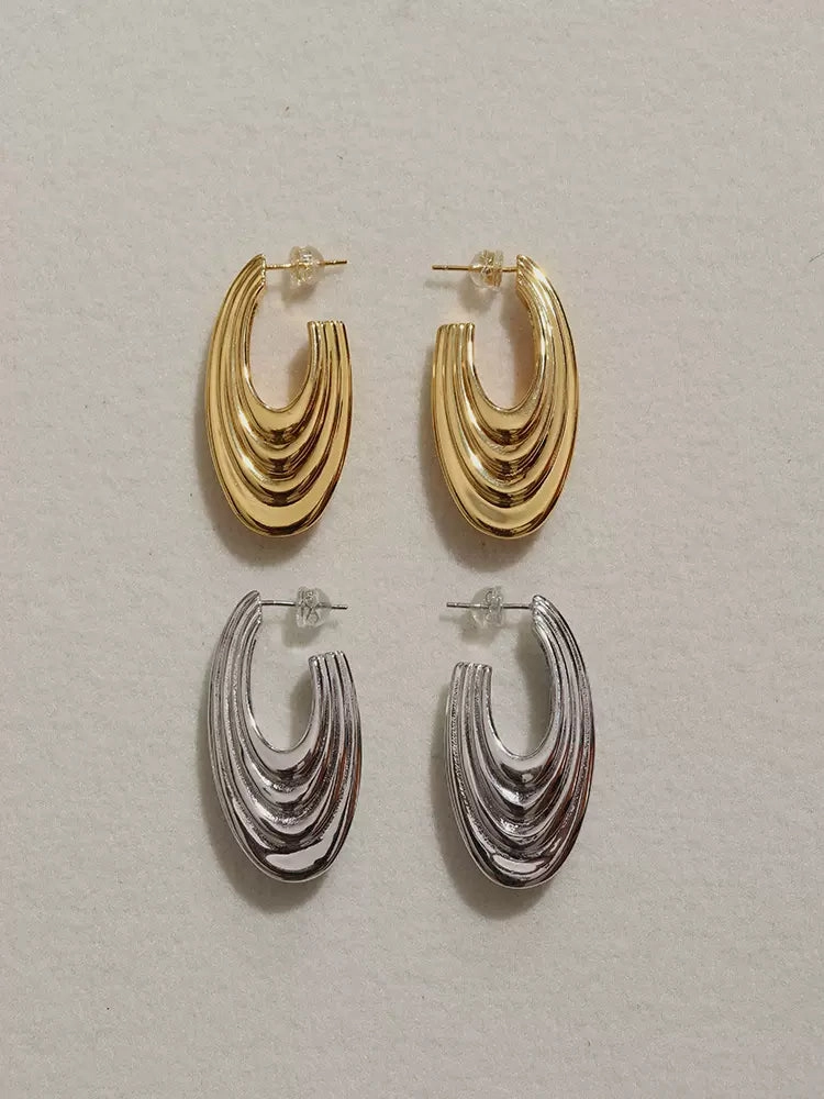 Glow Touch Artisan Finish Lotta C Shape Ribbed Stud Earrings Gold & Silver
