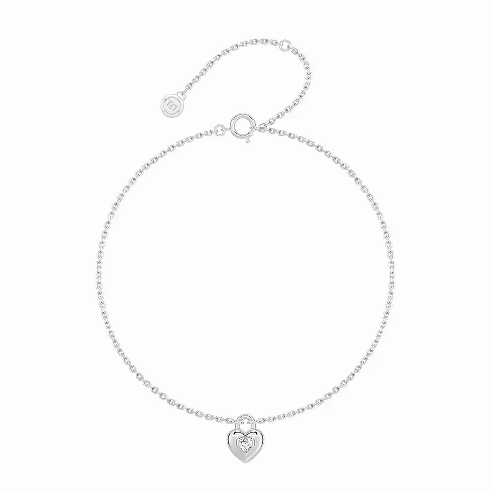 Love Lock Heart Bracelet with Solitaire Moissanite Charm Lustrous Glow Subtle Pop
