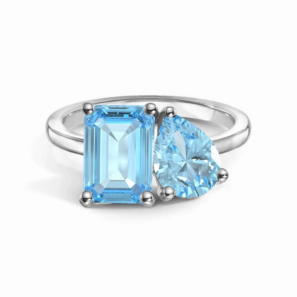 Luxury Glow Fashionable Finish Toi et Moi Personalized Aquamarine Birthstone Anniversary Ring