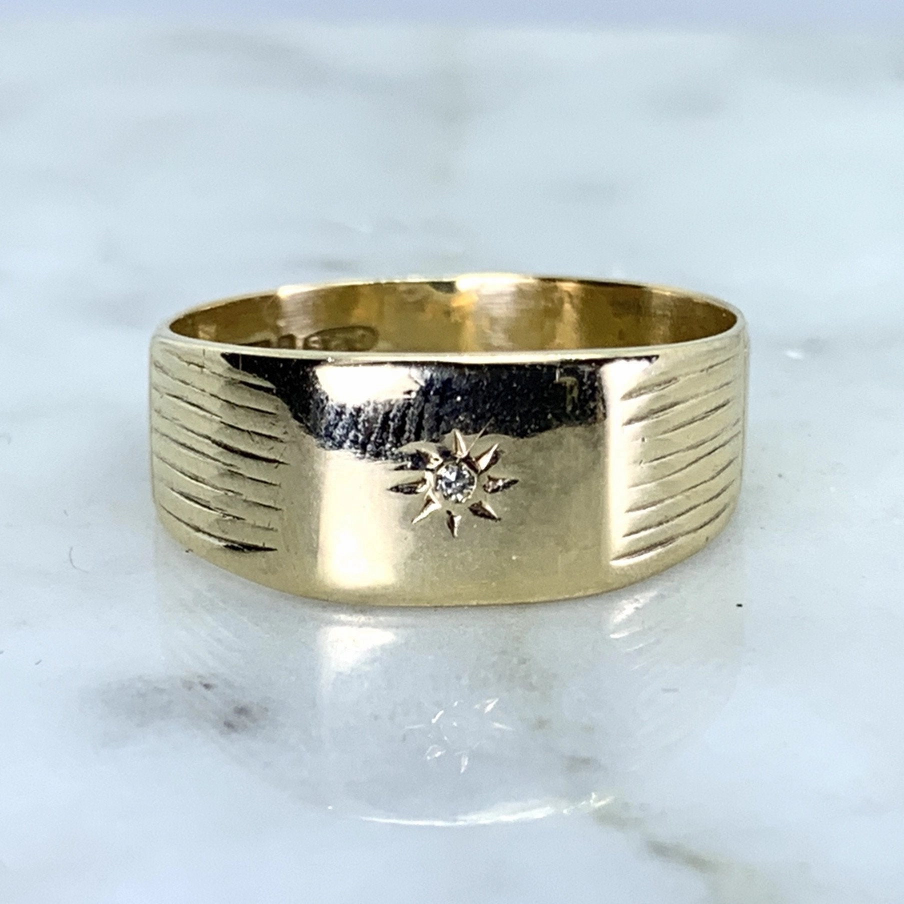 Diamond Gold Wedding Band or Thumb Ring in 9k Yellow Gold. Estate Jewelry. Circa 1969. Size 5. Gloss Layer Timeless Pieces