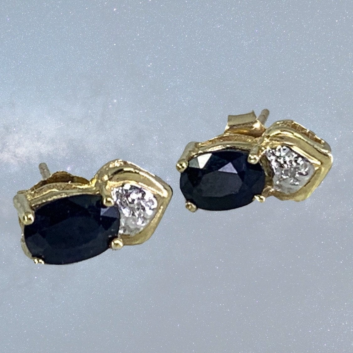 Vintage Sapphire and Diamond Earrings. 10k Solid Yellow Gold. September Birthstone. Sparkling Jewelry Design Bridal Moment