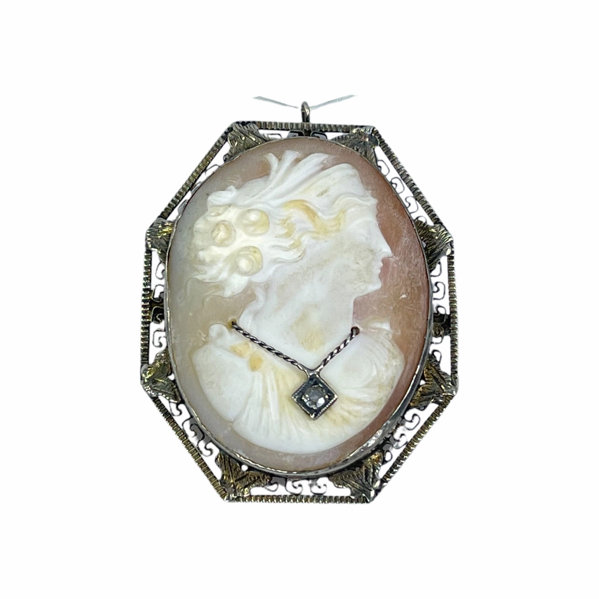 Victorian Cameo Pendant or Brooch with Large Carved Carnelian Shell Lady with Diamond Necklace. Special Day Exquisite Sparkle