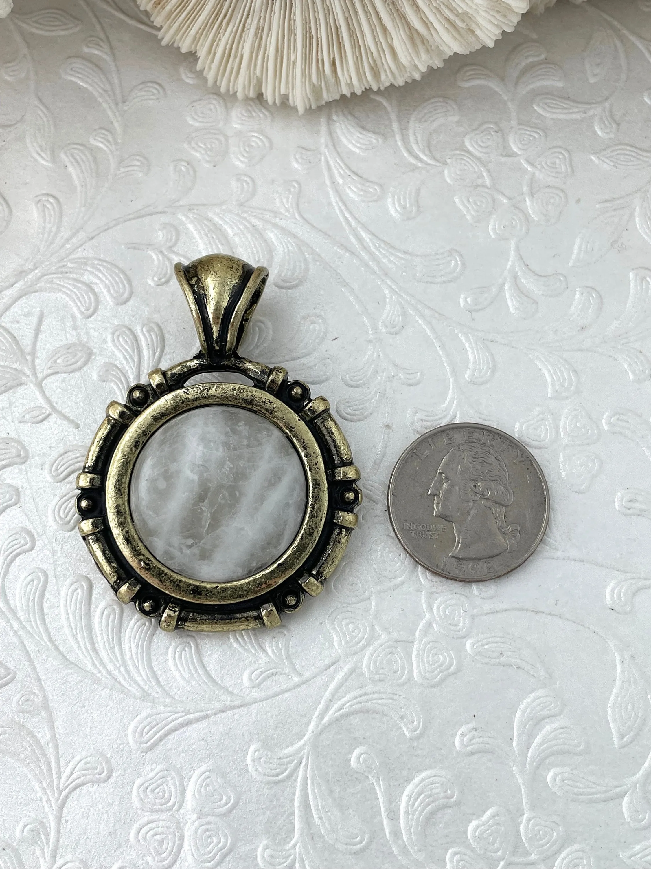 Timeless Jewelry Group Event Jewelry Clear Quartz Stone Pendant with Brass Bezel, Natural Stone Pendants, will come in a variety of patterns, 5 bezel colors, Fast Ship