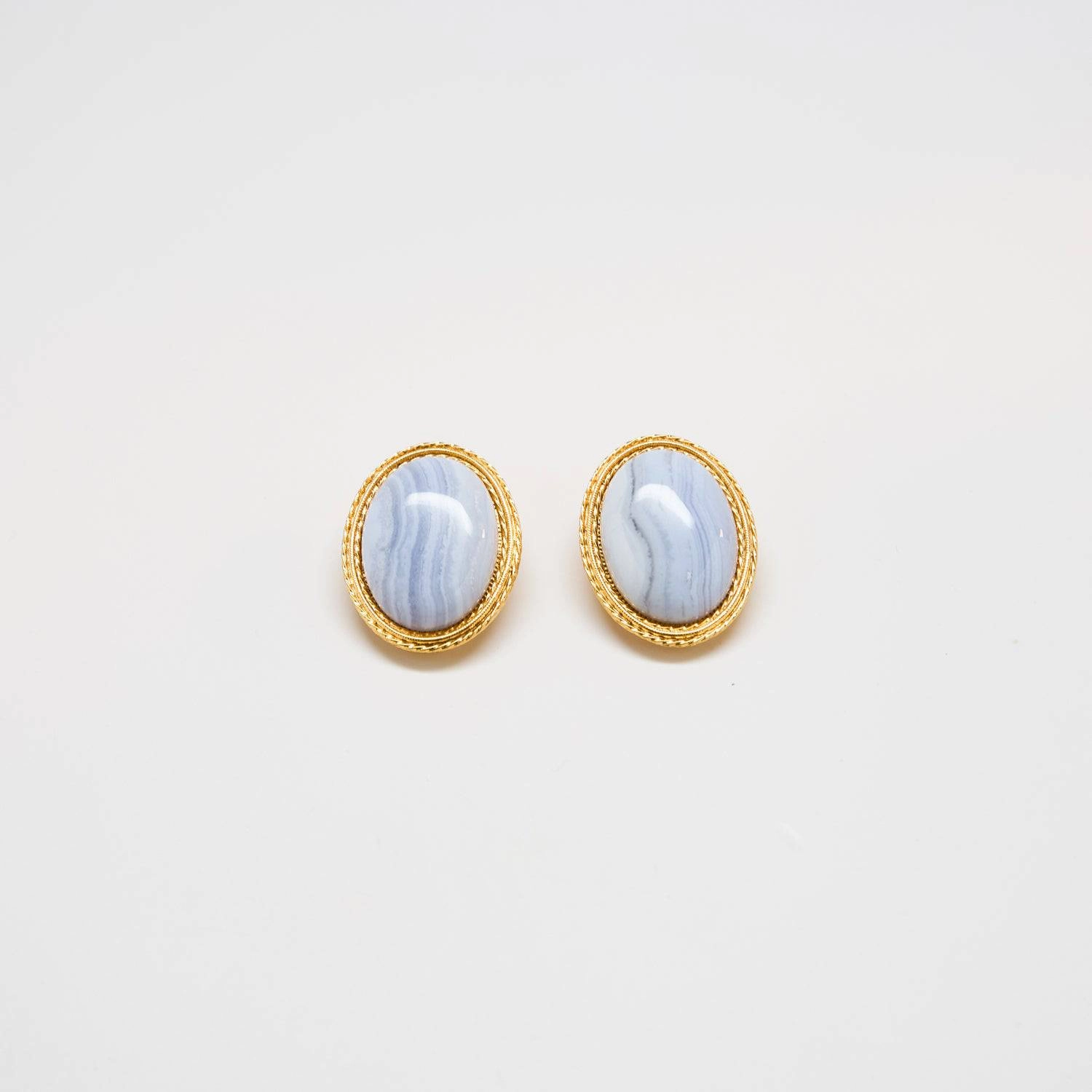 Modern Pair Vintage Blue Lace Agate Cameo Earrings