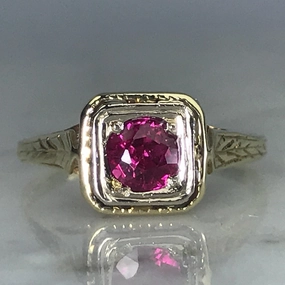 Polished Sparkle Antique Ruby Ring in 14K Yellow Gold Art Deco Filigree Setting. July Birthstone. 15th Anniversary.