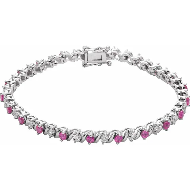 14K White Lab-Grown Ruby & 1/10 CTW Diamond Line 7" Bracelet Embellished Details