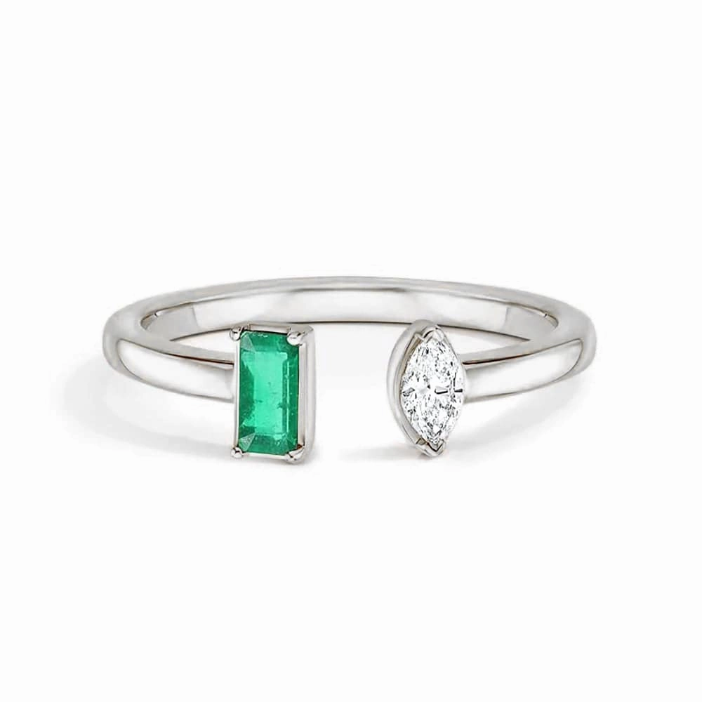 Lab Grown Emerald and Diamond Toi et Moi Open Promise Ring Formal Accent Modern Design