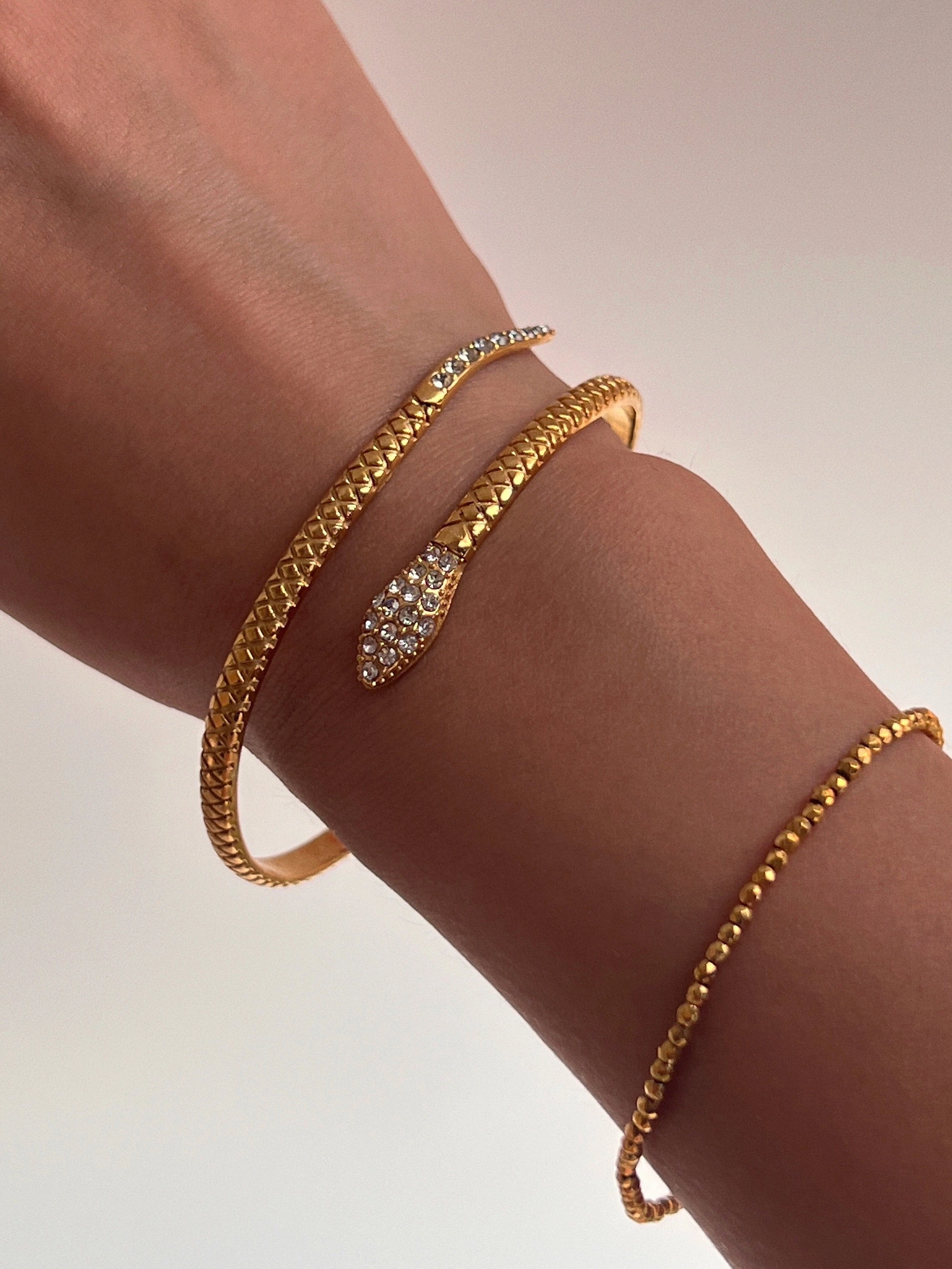 Paved CZs Snake Bangle 18K Gold on Titanium Steel Refined Pieces