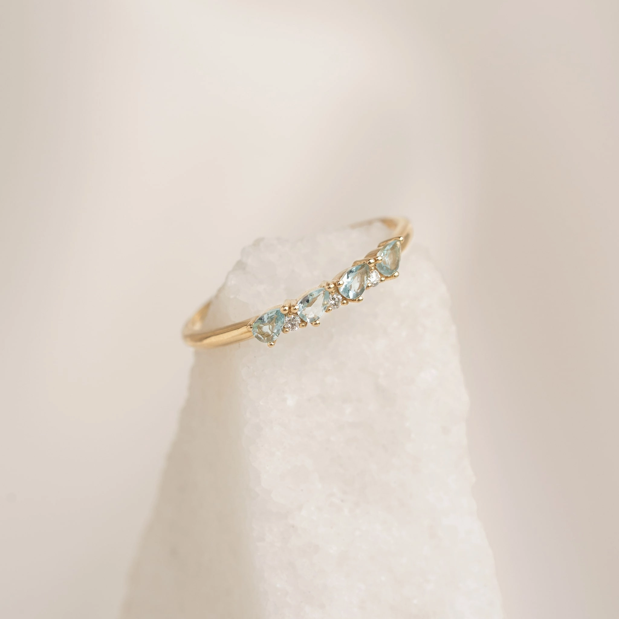 Polished Line March Birthstone Pear Ring 14k Gold - Swiss Blue Topaz and Diamond