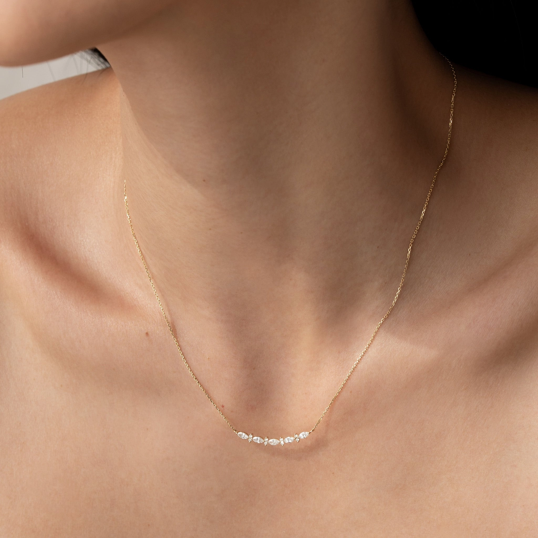 Petite Glam Minimal Look Marquise and Round Diamond Necklace 14k Gold - Noelia