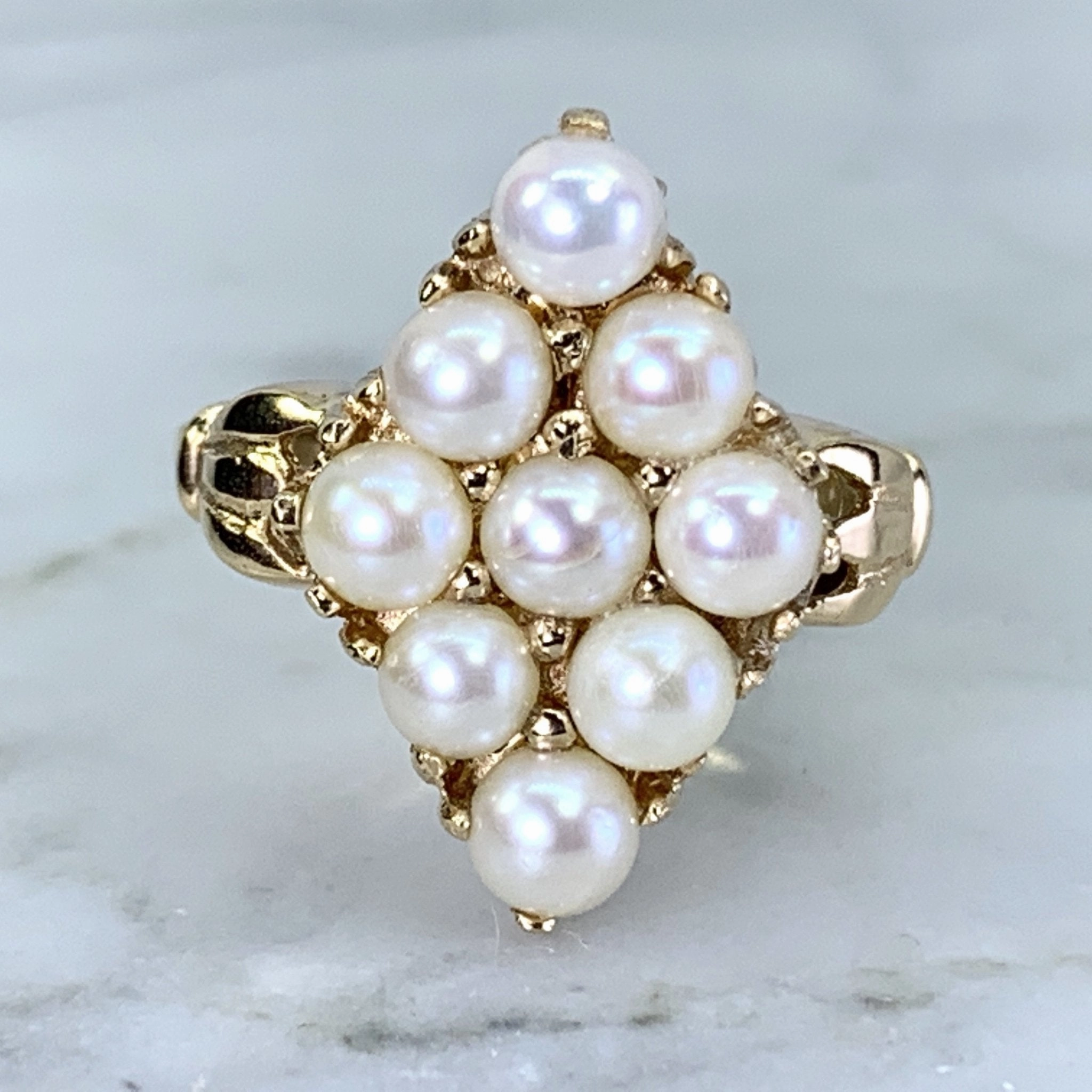 Pearl Cluster Ring in 14K Yellow Gold. Estate Jewelry.  June Birthstone. Unique Engagement Ring. Polished Shape