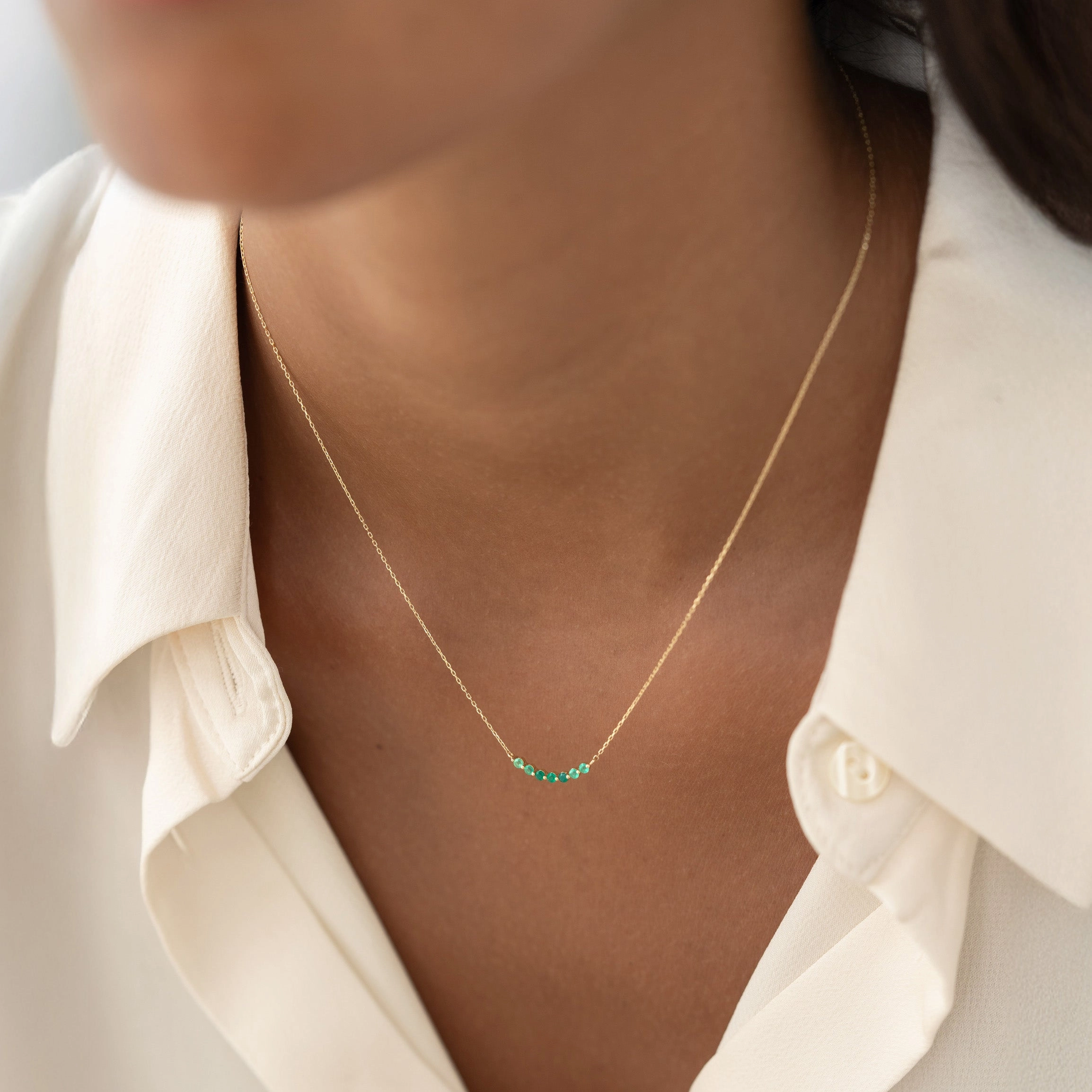 May Birthstone Necklace 14k Gold - Ombre Green Chalcedony Soft Detail