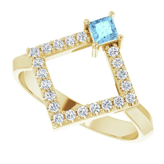 14K Yellow Aquamarine & 1/5 CTW Diamond Geometric Ring Mountain Ready