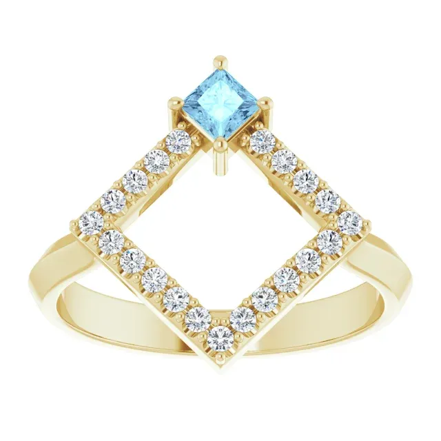 14K Yellow Aquamarine & 1/5 CTW Diamond Geometric Ring Romantic Work Inspiring Jewelry