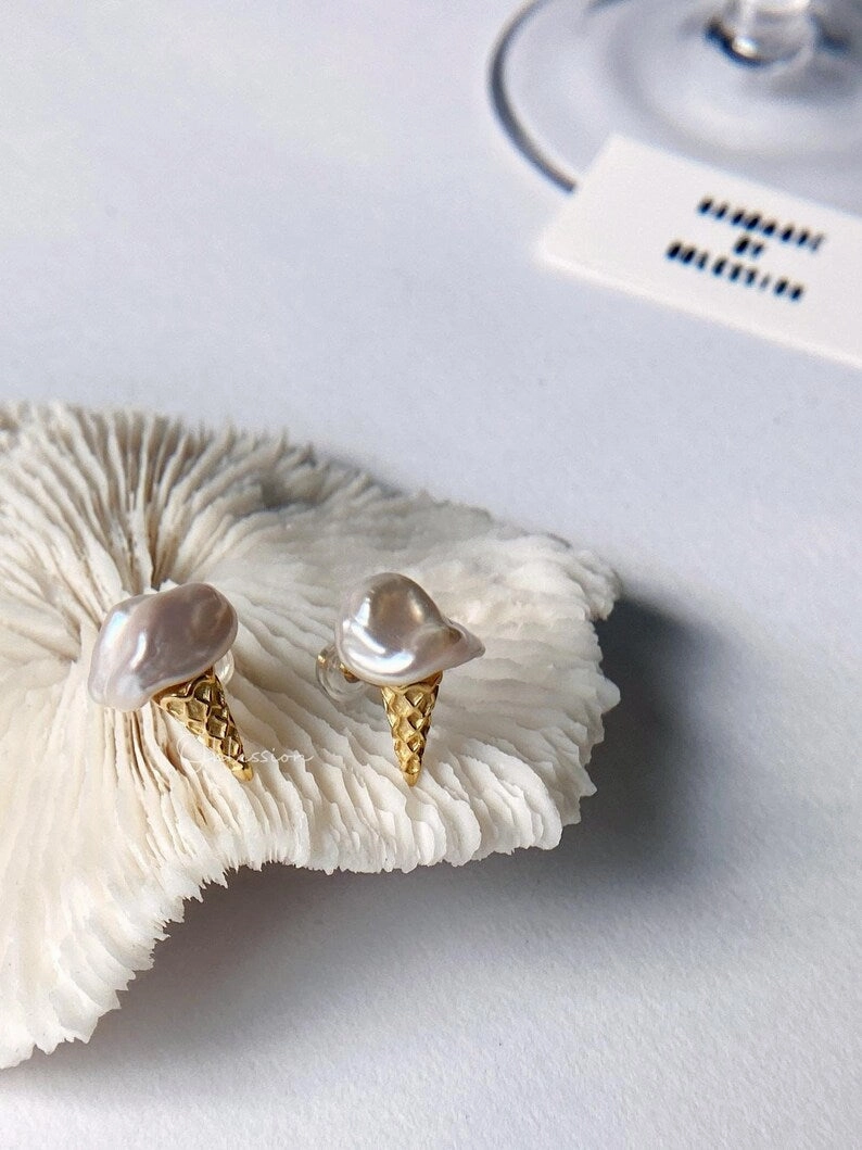 Vibrant Appeal Timeless Shine Craftwork Melting Ice Cream Cone Baroque Pearl Stud Earrings 18K | Ice Cream Waffle Baroque Pearl Stud, Waffle Gelato Earstud, Minimalist Pearl Statement Earrings