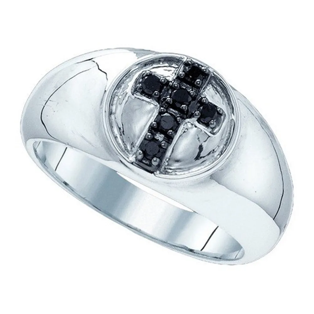 Timeless Presence Mens Cross Ring Black Diamonds Rhodium on Sterling Silver