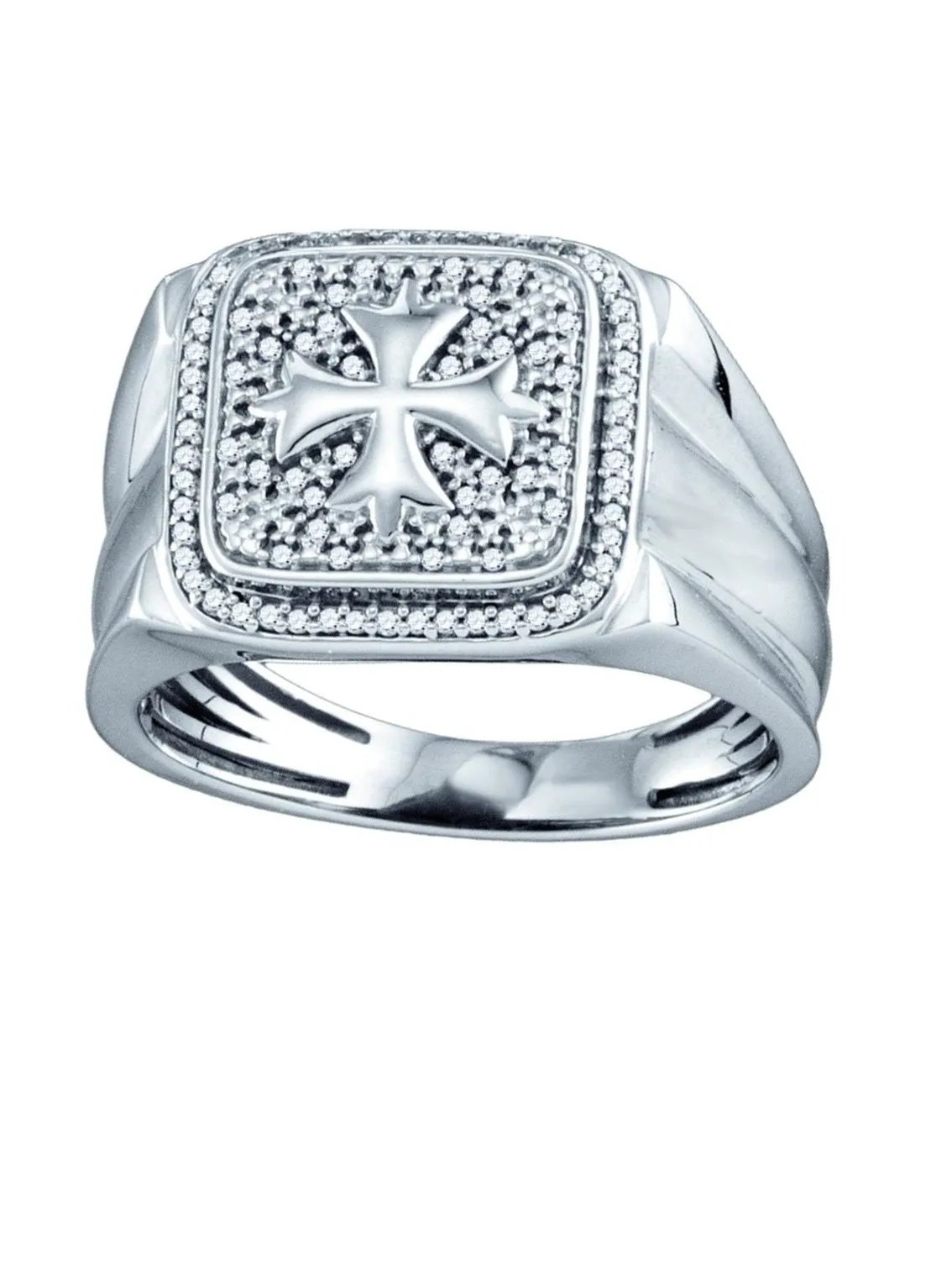Polished Radiance Lively Detail Mens Pave Halo Iron Cross Diamond Ring with Fleuree Rhodium on Sterling Silver