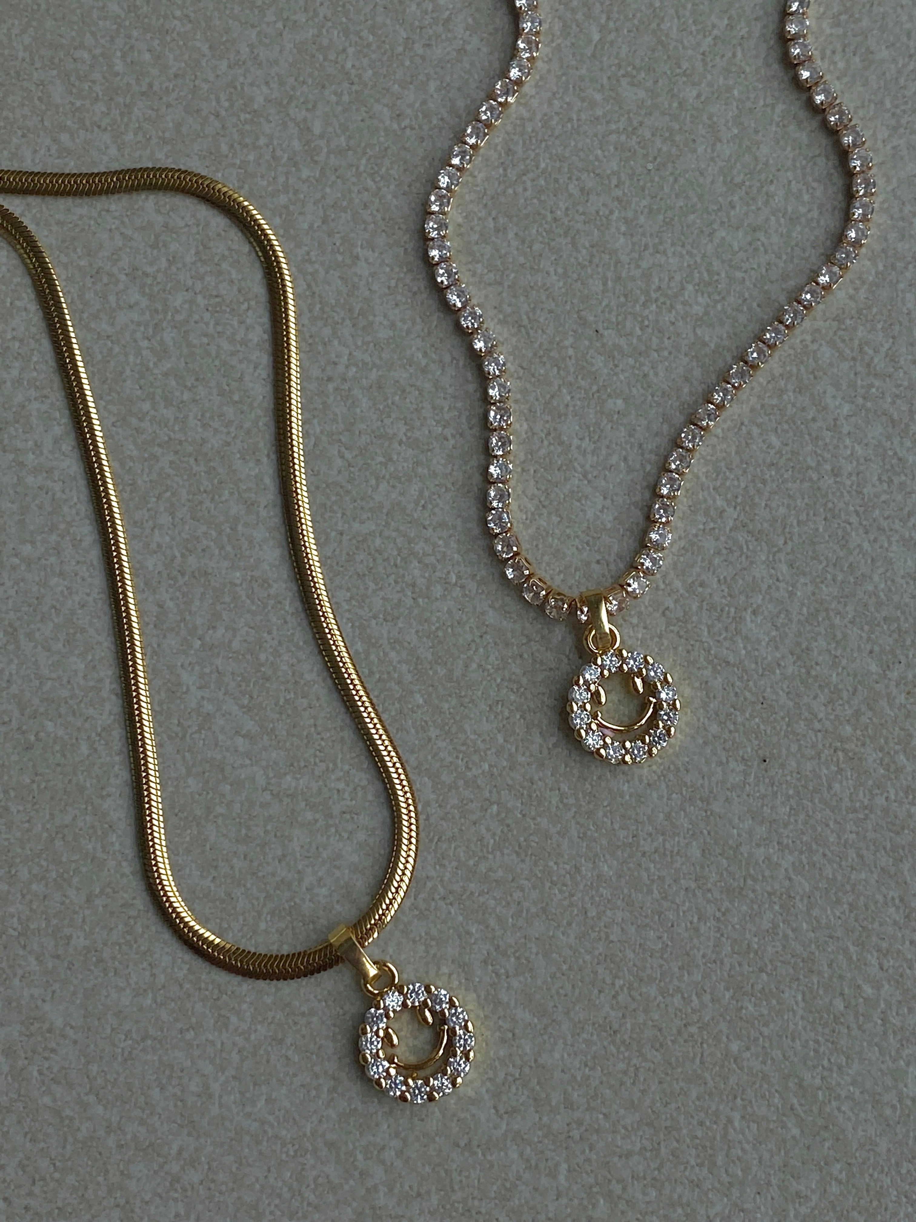 Classic Presence Micro Paved Smiley Pendant on Figaro/Herringbone/Rhinestone Necklace Chain