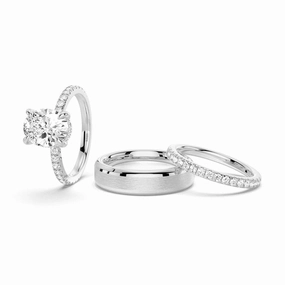 Micropav?? Oval Hidden Halo Moissanite Couple's Ring Set with Men's Wedding Band Accent Style