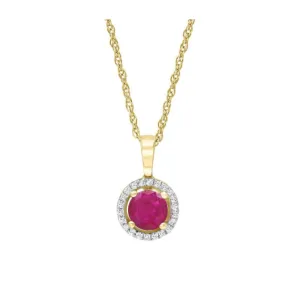 Bremer Jewelry 14K Yellow Gold Round Shape Ruby and Diamonds Halo Pendant with a 14K Yellow Gold Cable Link Necklace (0.66ctw) Everyday Accessory