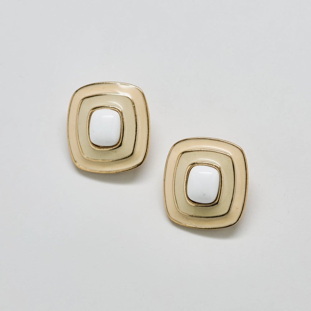 Signature Highlight Vintage Trifari Geometric Gold, Cream and White Enamel Earrings