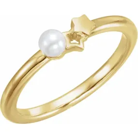 Modern Glam 14K Yellow Freshwater Cultured Pearl Youth Double Star Ring