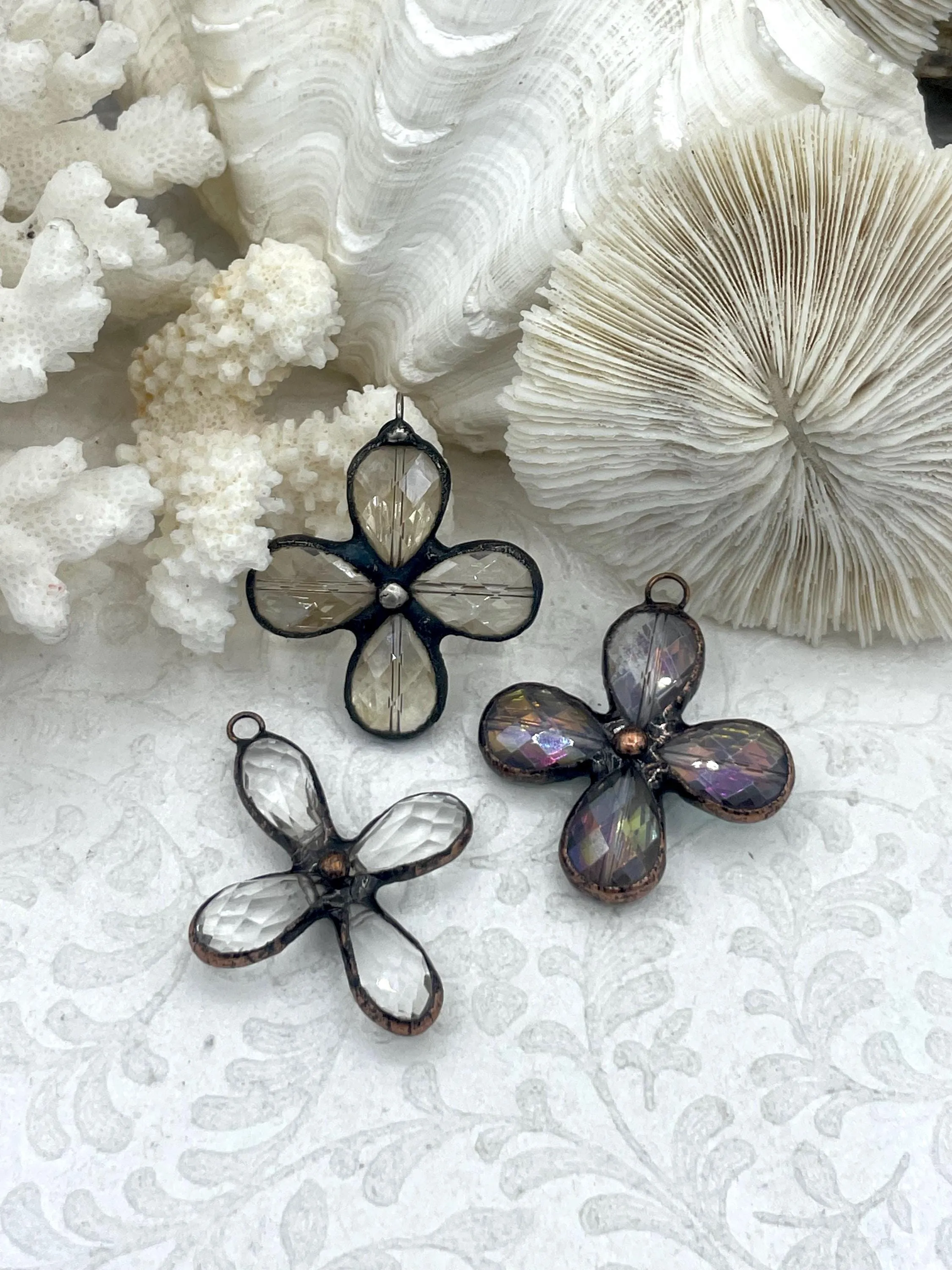 Youthful Energy Faceted Soldered Crystal Flower Pendants. 3 styles, Clear and Iridescent Crystal, Copper and Gunmetal Soldering, Wrapped Crystal Fast Ship
