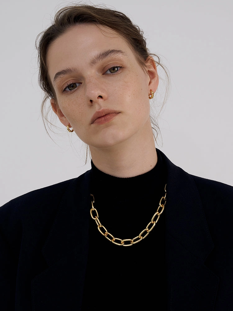 Octavie Chunky Gold Panther Chain Necklace and Bracelet Set, Long Linked Chain Necklace Paper Link Chain Bracelet Polished Piece Glam Appeal