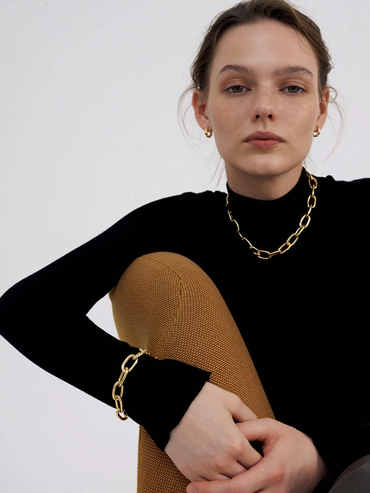 Beauty Element Exquisite finish Octavie Chunky Gold Panther Chain Necklace and Bracelet Set, Long Linked Chain Necklace Paper Link Chain Bracelet