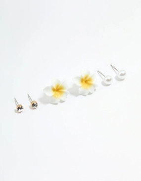 Silver Diamante Pearl & Frangipani Earrings 3-Pack Bright Mood