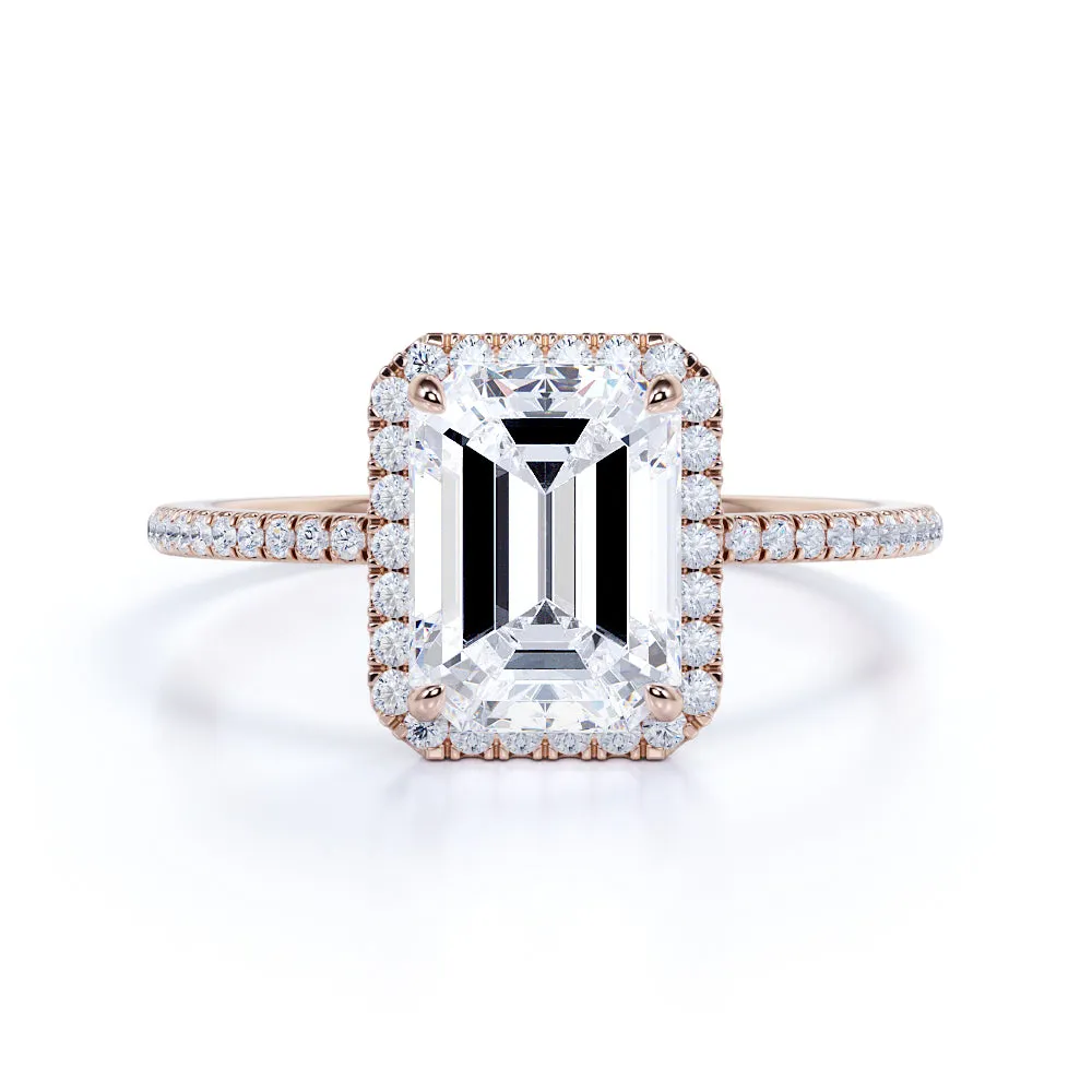 Pave Set 1.5 Carat Emerald Moissanite Halo Engagement Ring Soft Finish Precious Accent