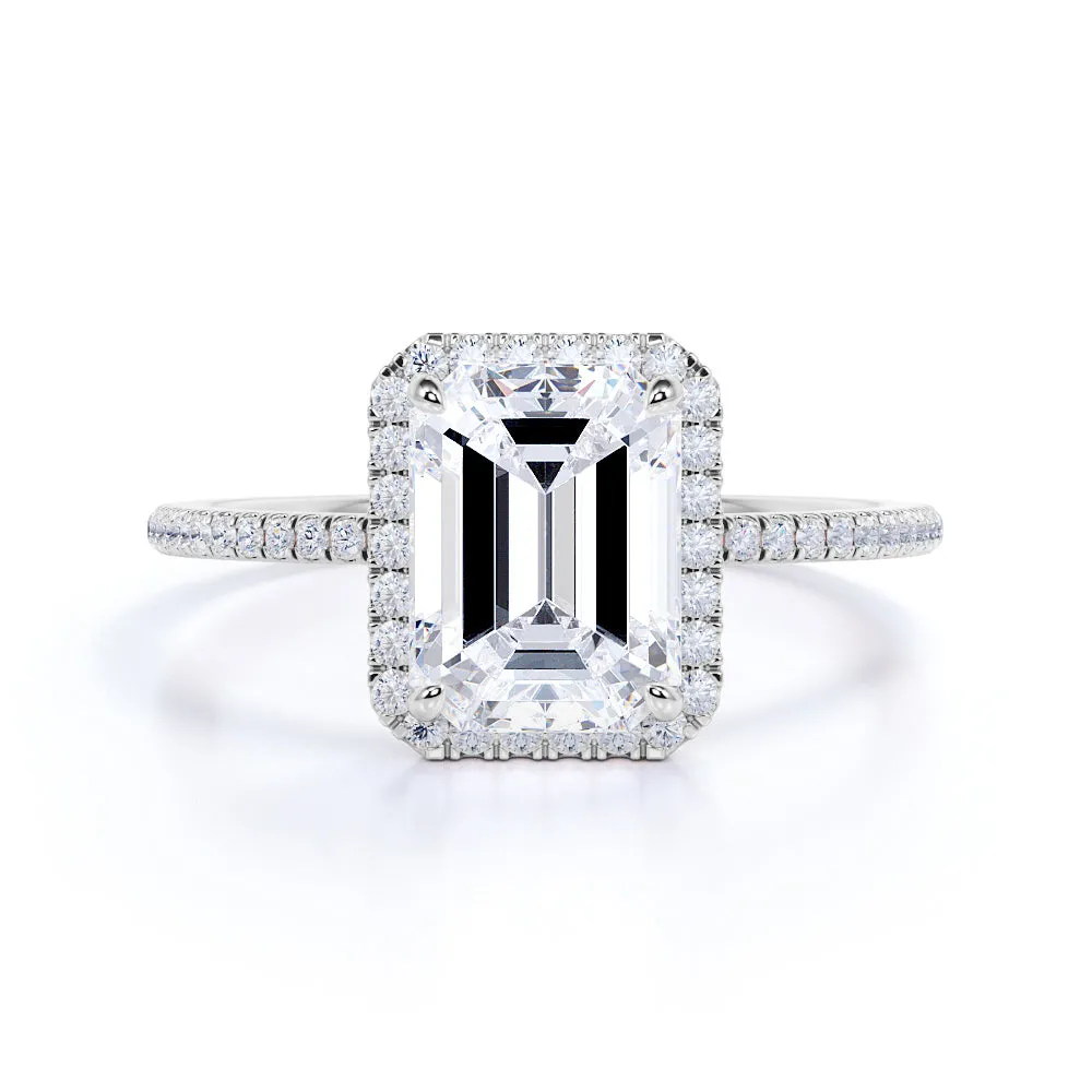Model Shot Pave Set 1.5 Carat Emerald Moissanite Halo Engagement Ring