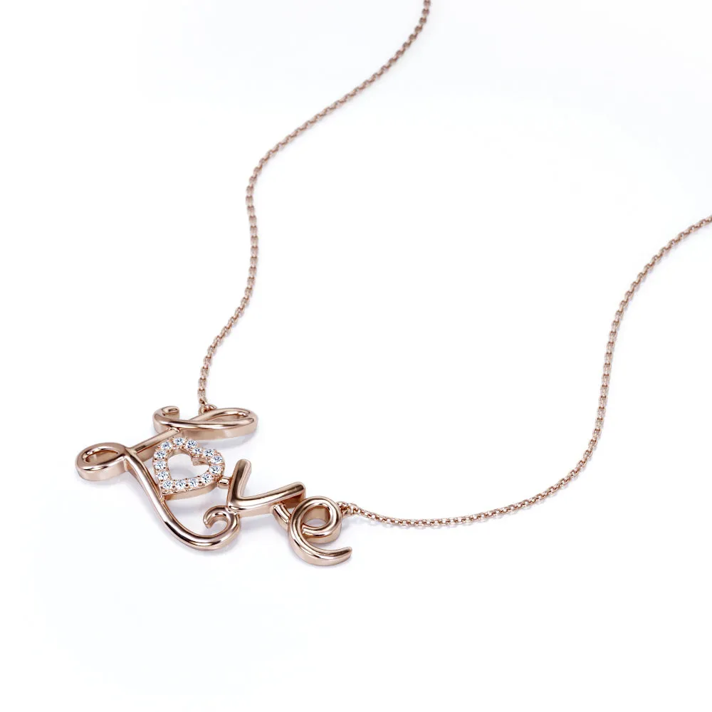 Pave Set 0.10 Carat Round Cut Moissanite Love Scripted Heart Pendant Necklace In Rose Gold Beautiful Ornament Graceful Look