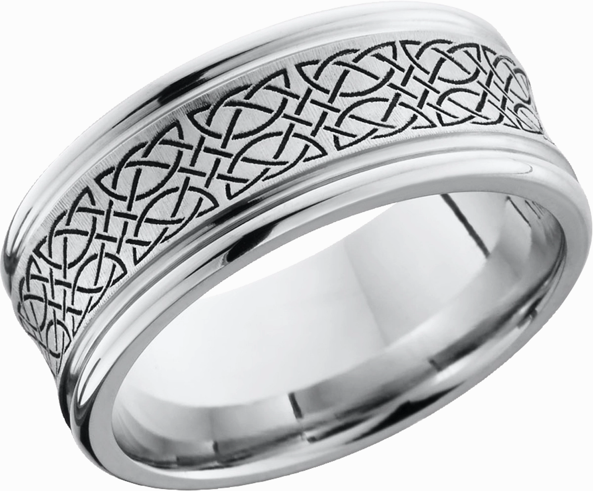 Elegant Craft Cobalt chrome 9mm concave band with rounded edges and a laser-carved Celtic pattern