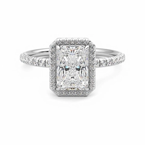 Classic Halo Radiant Cut Moissanite Engagement Ring with Hidden Anniversary Stone Accent Polished Finish