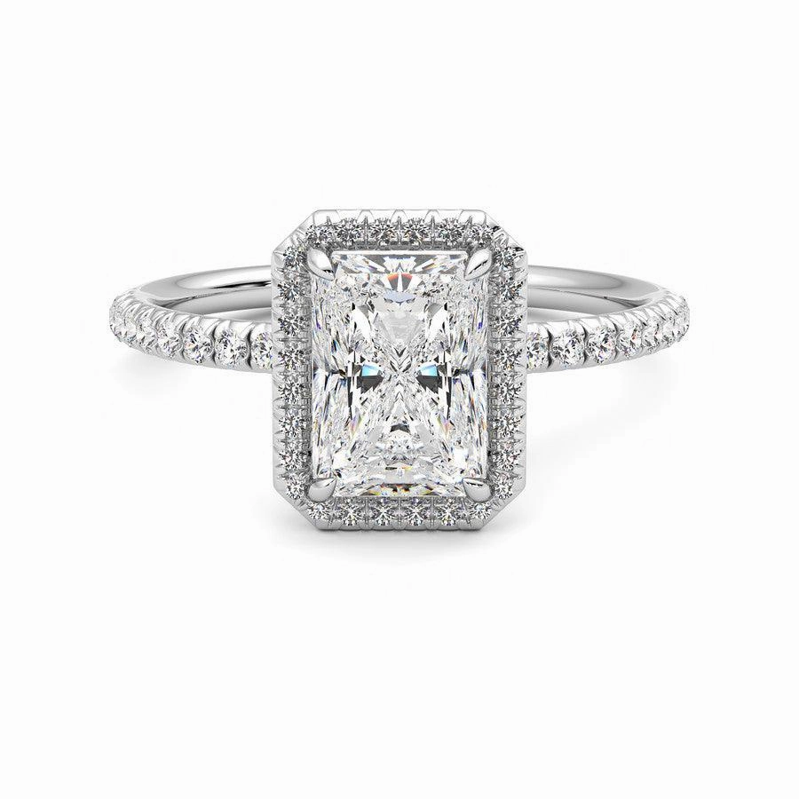 Classic Halo Radiant Cut Moissanite Engagement Ring with Hidden Anniversary Stone Accent Chic Element