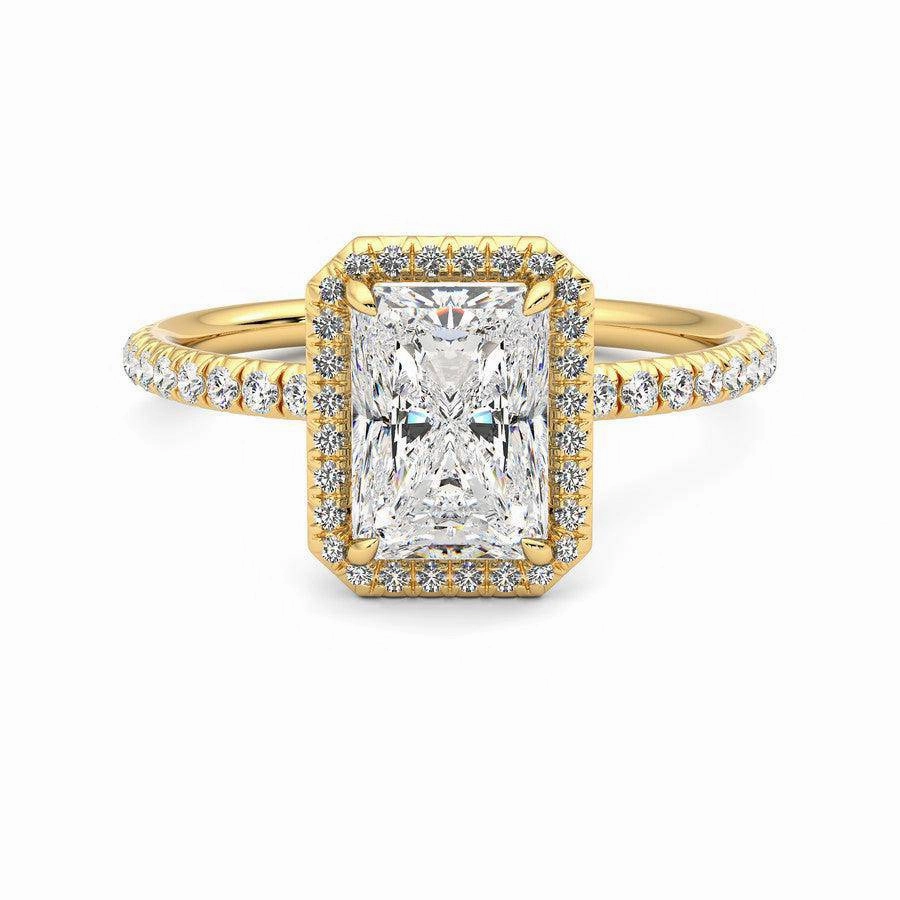 Distinctive Jewelry Classic Halo Radiant Cut Moissanite Engagement Ring with Hidden Anniversary Stone Accent