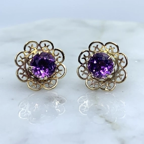 Vintage Amethyst Earrings set in a Yellow Gold Flower Setting. February Birthstone. Wedding Jewelry. Distinct Look Comfort Style