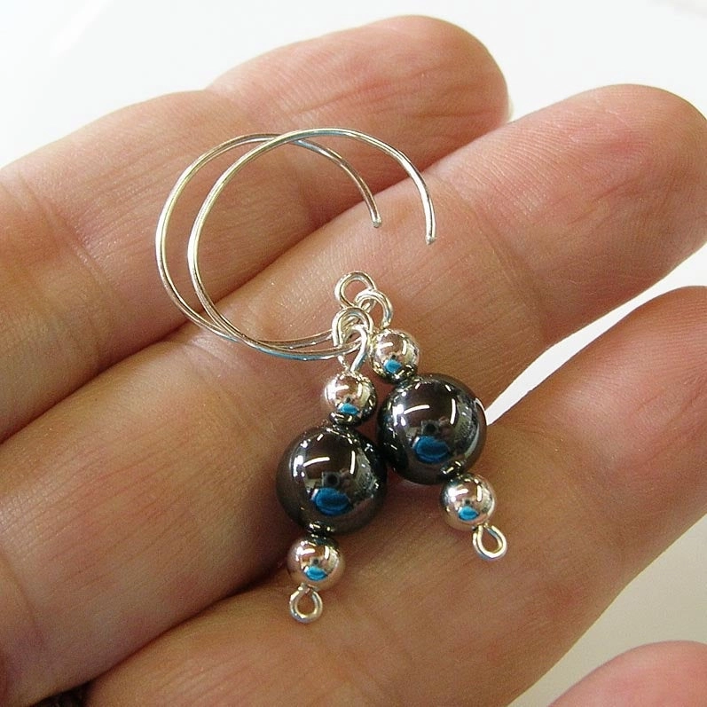 Affordable Appearance Graceful Element Elegant 8mm Hematite Sterling Silver Drop Earrings