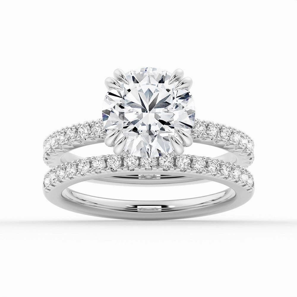 Round Cut Moissanite Ring Set with Matching Wedding Band Highlight Accent