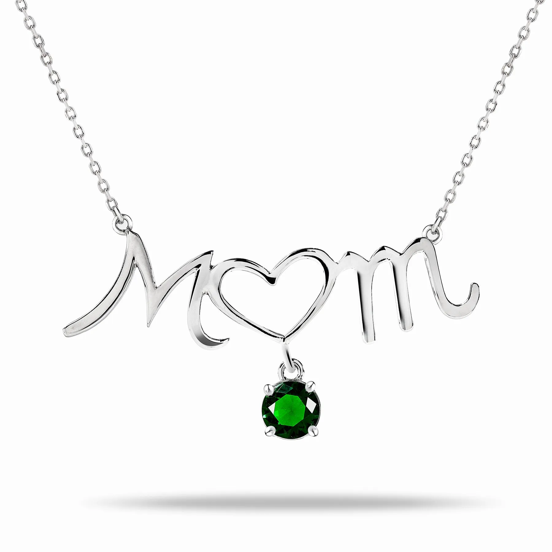 Value Design Mom Heart-Shaped O with Hanging Dark Green Stone Pendant Necklace in 18K White Gold over Silver - May Birthstone - Necklace for Mom